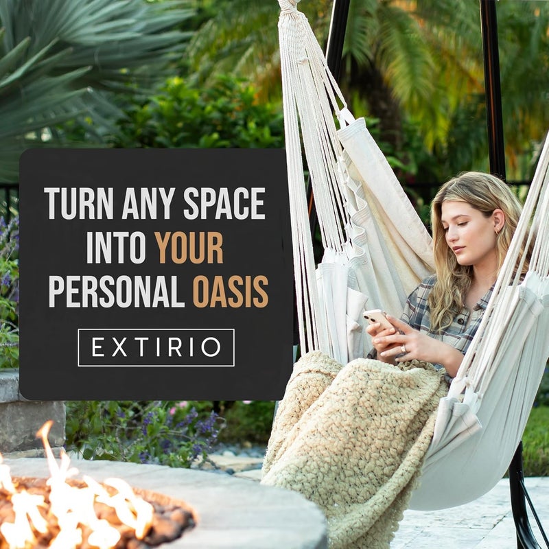 EXTIRIO Hanging Hammock Chair Swing – Hanging Chair Outdoor & Indoor - Hammock Swing Chair – Quick & Easy Setup with Hardware Kit – Durable & Spacious Full Body Support with 2 Plush Cushions – Holds 440 Lbs - Image 2